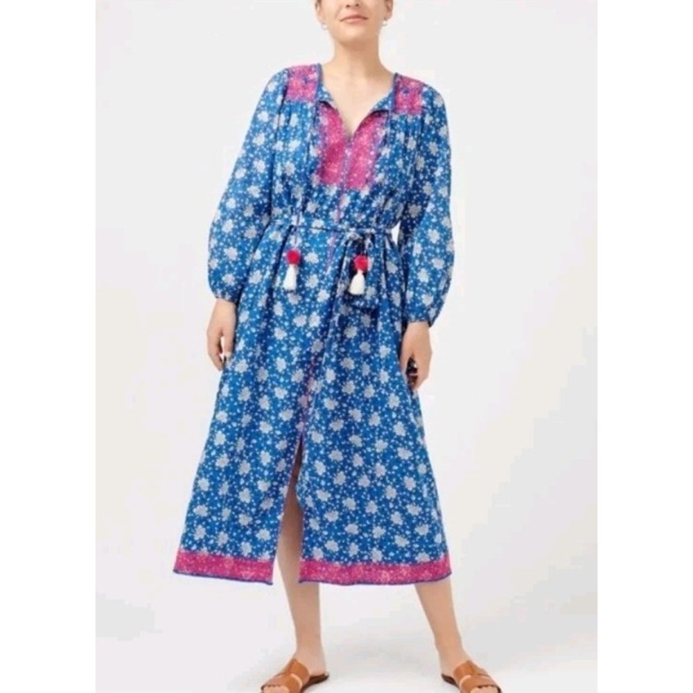 J. Crew Women's Tunic Dress Night Sky  Blue Pink Large Floral Embroidered Size M